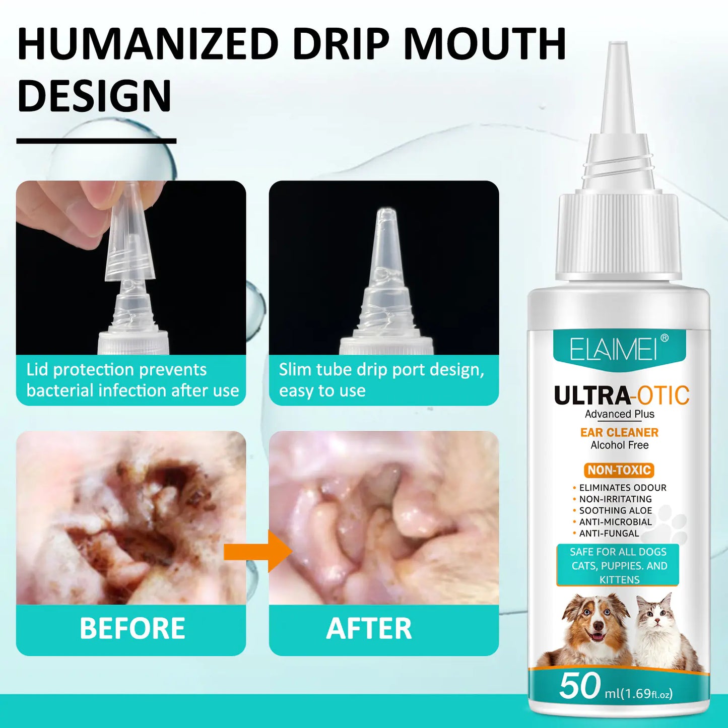 Elanei Ultra-Otic ear cleaner bottle with before and after usage images on a light blue background.