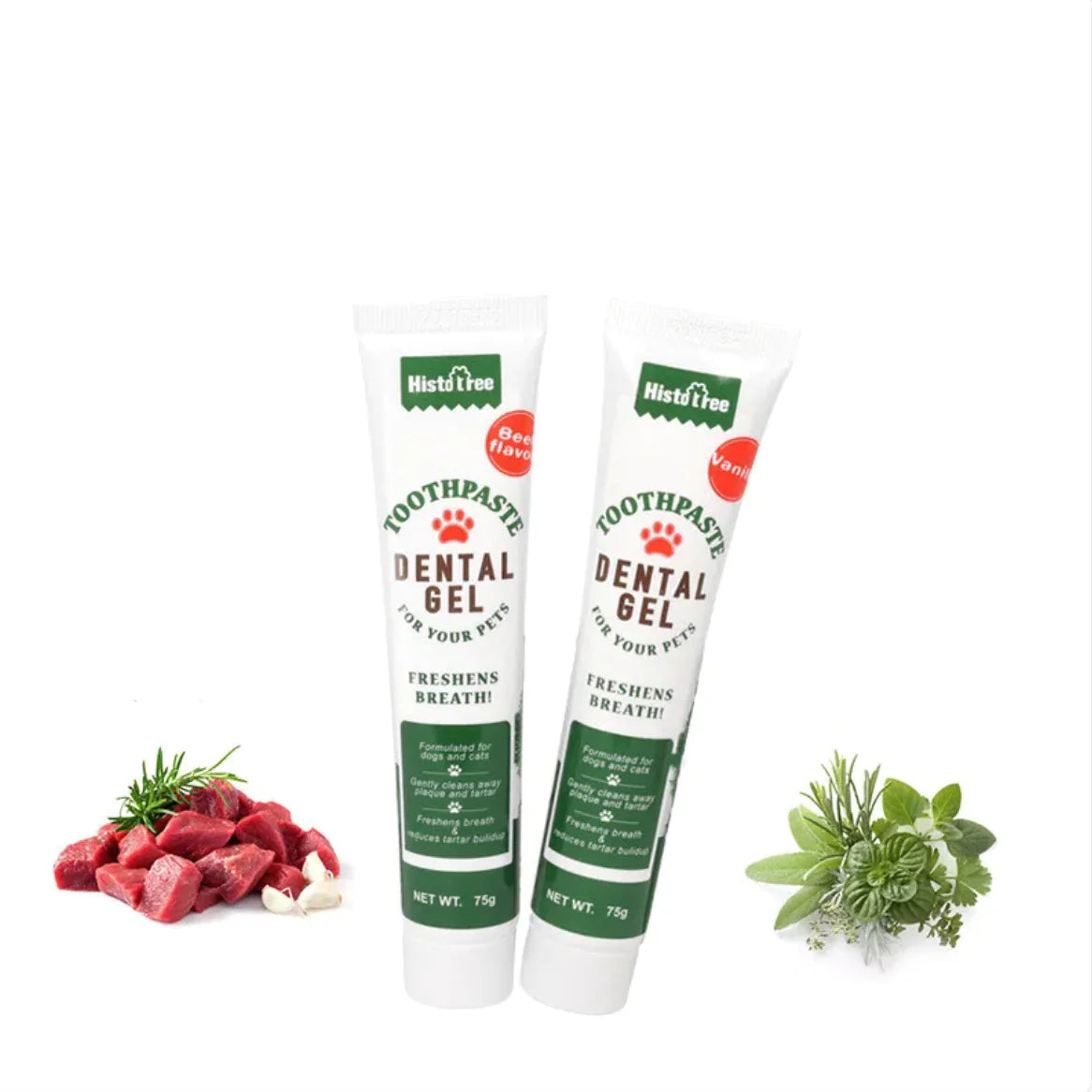 Two tubes of dental gel for pets with fresh breath on a white background, surrounded by pet treats and herbs.