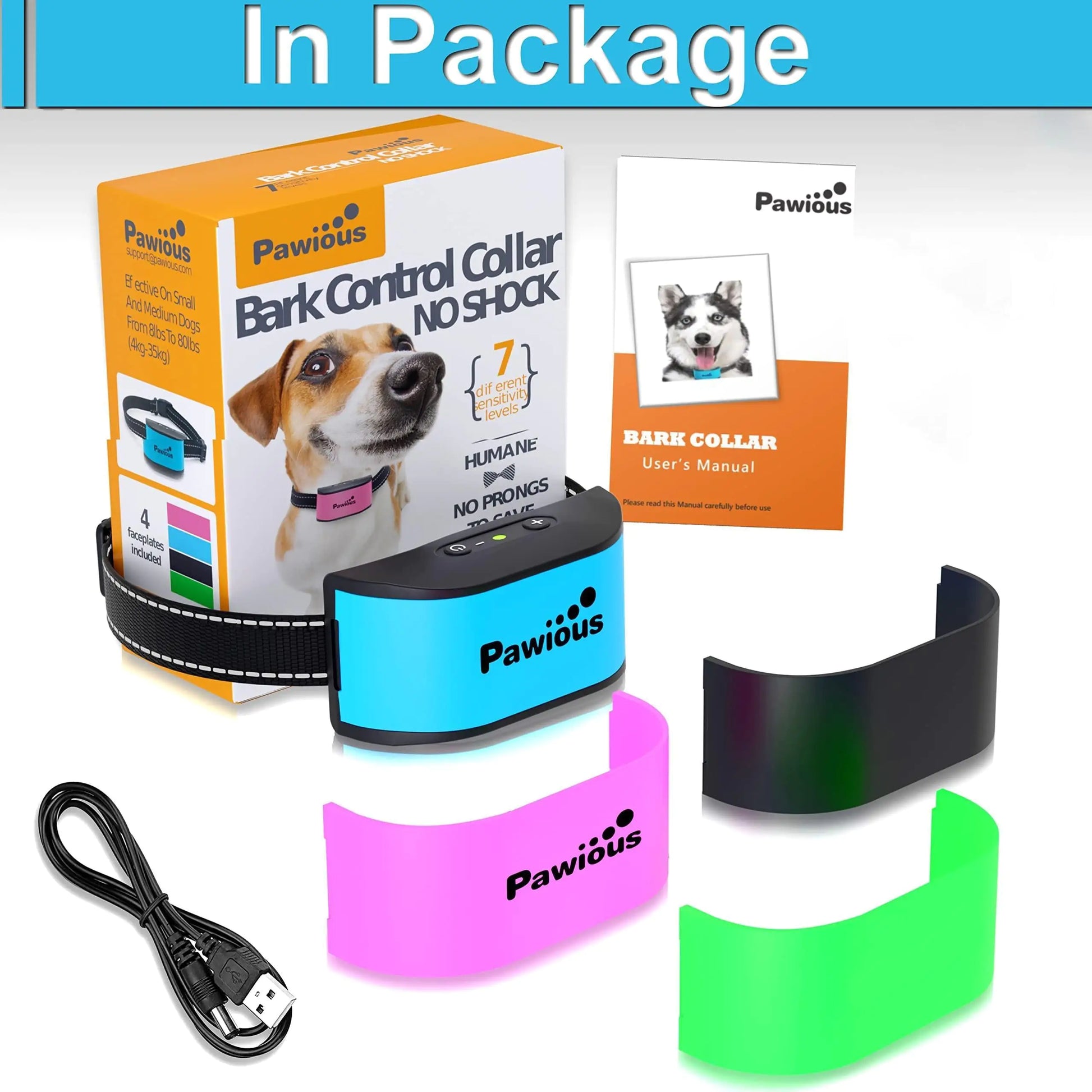 Pawious bark control collar with packaging, user manual, and accessories on a white background.