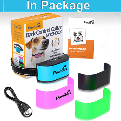 Pawious bark control collar with packaging, user manual, and accessories on a white background.
